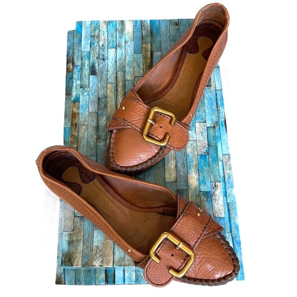 CHLOÉ | C-Buckle Cognac Leather Flat Moccasin Loafers | EU 38.5 / US 8.5 - Picture 2 of 11